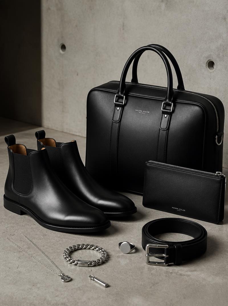 Mens premium leather accessories including boots, briefcase and silver jewelry