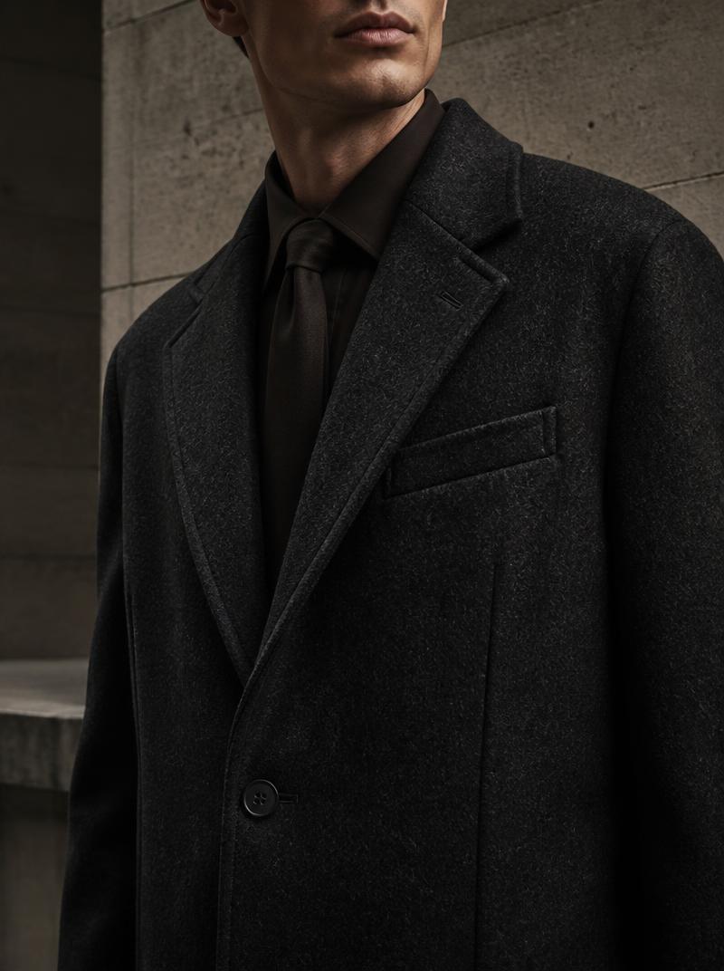 Mens tailored charcoal overcoat with sharp lapel