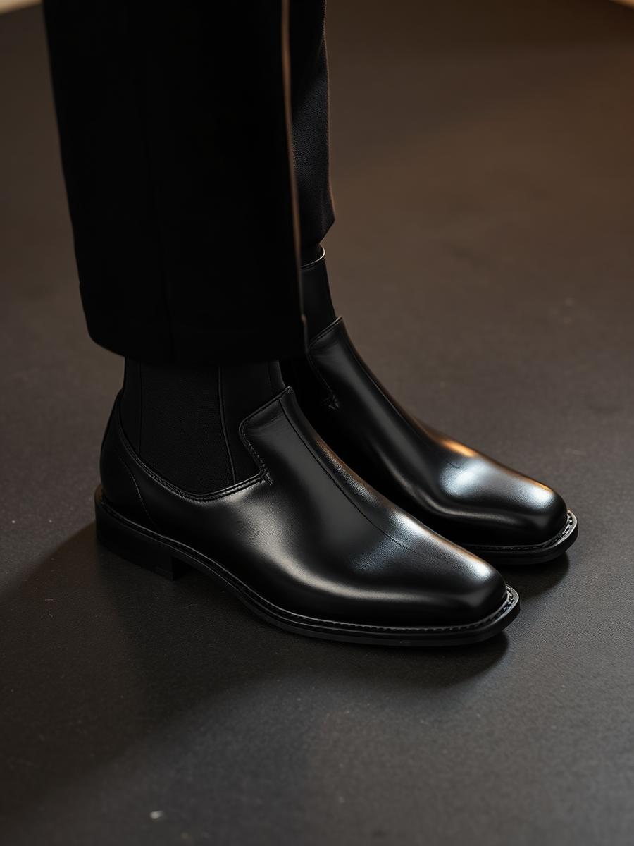 Side angle of the black glazed calf chelsea boots