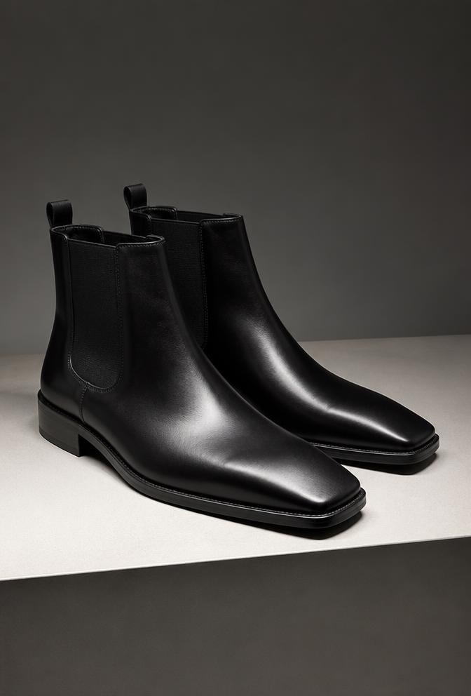 Mens black leather square toe chelsea boots