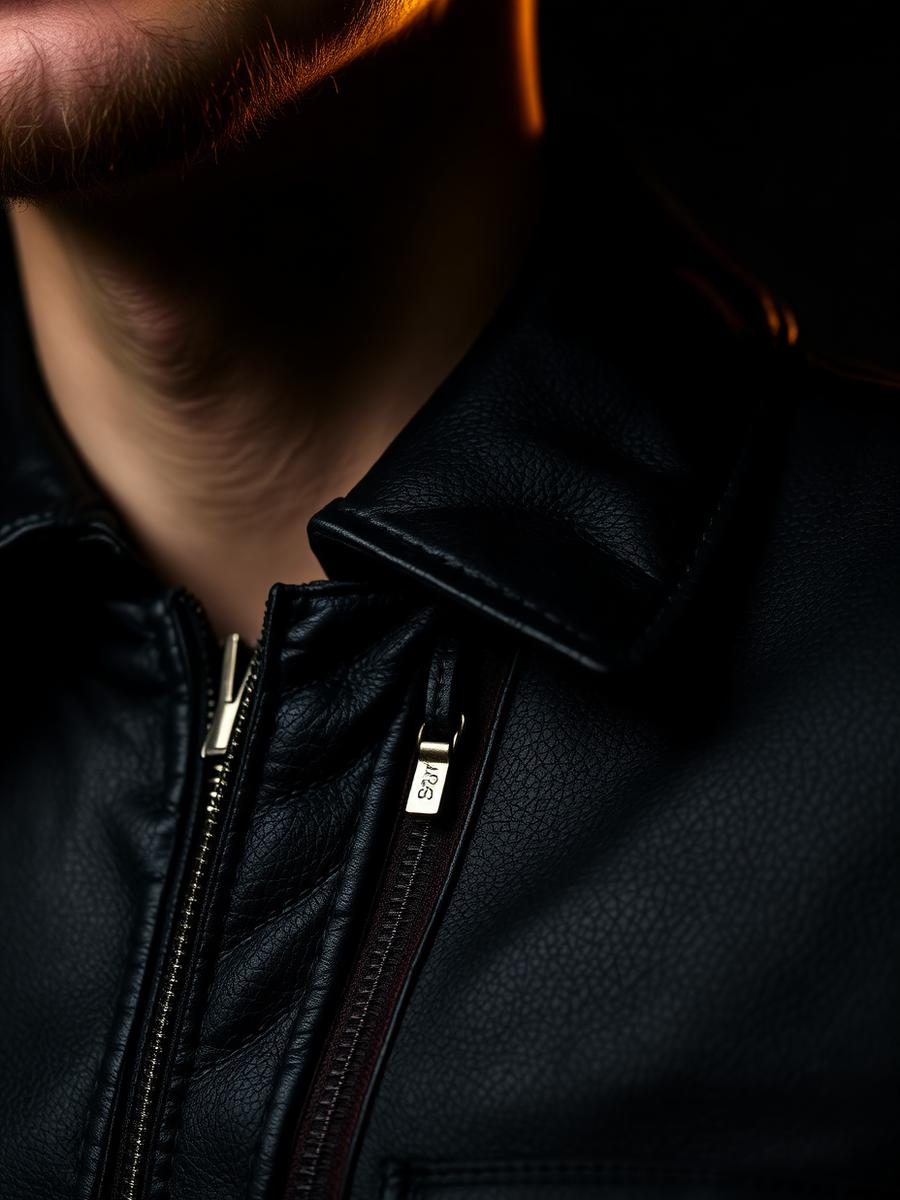 Close-up of the leather jacket collar and zipper