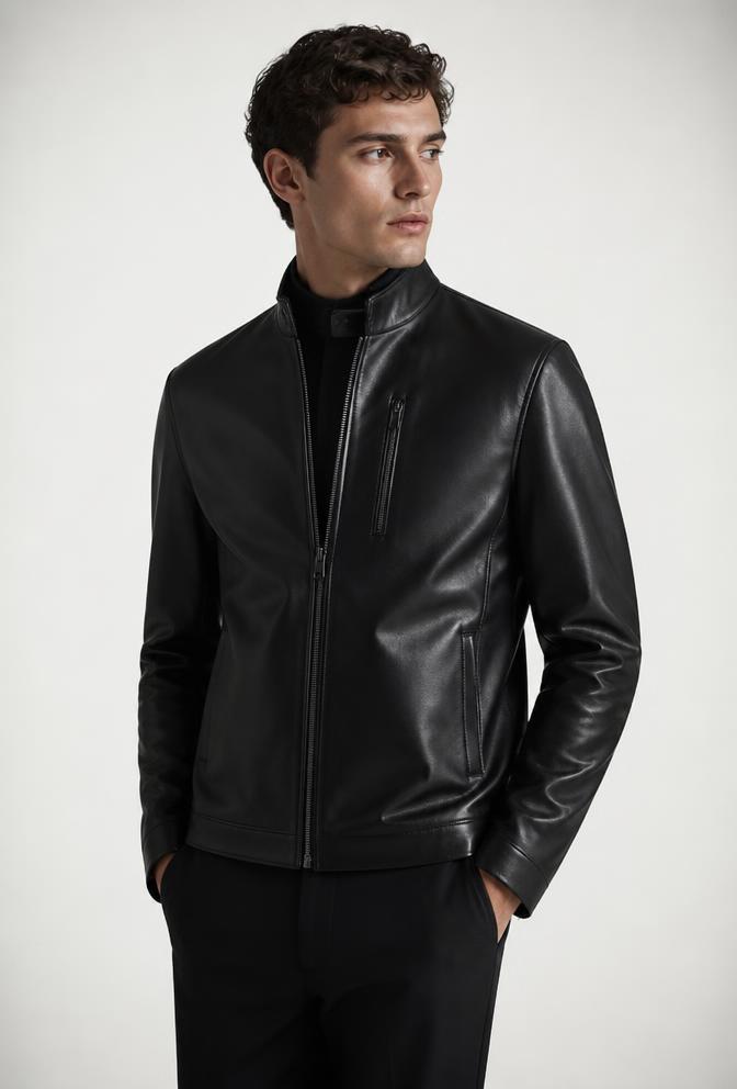 Mens sharp cut black leather jacket