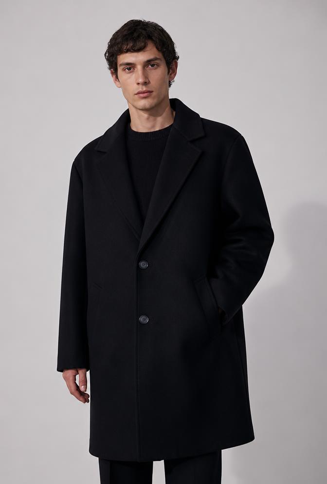 Mens structured onyx black wool overcoat