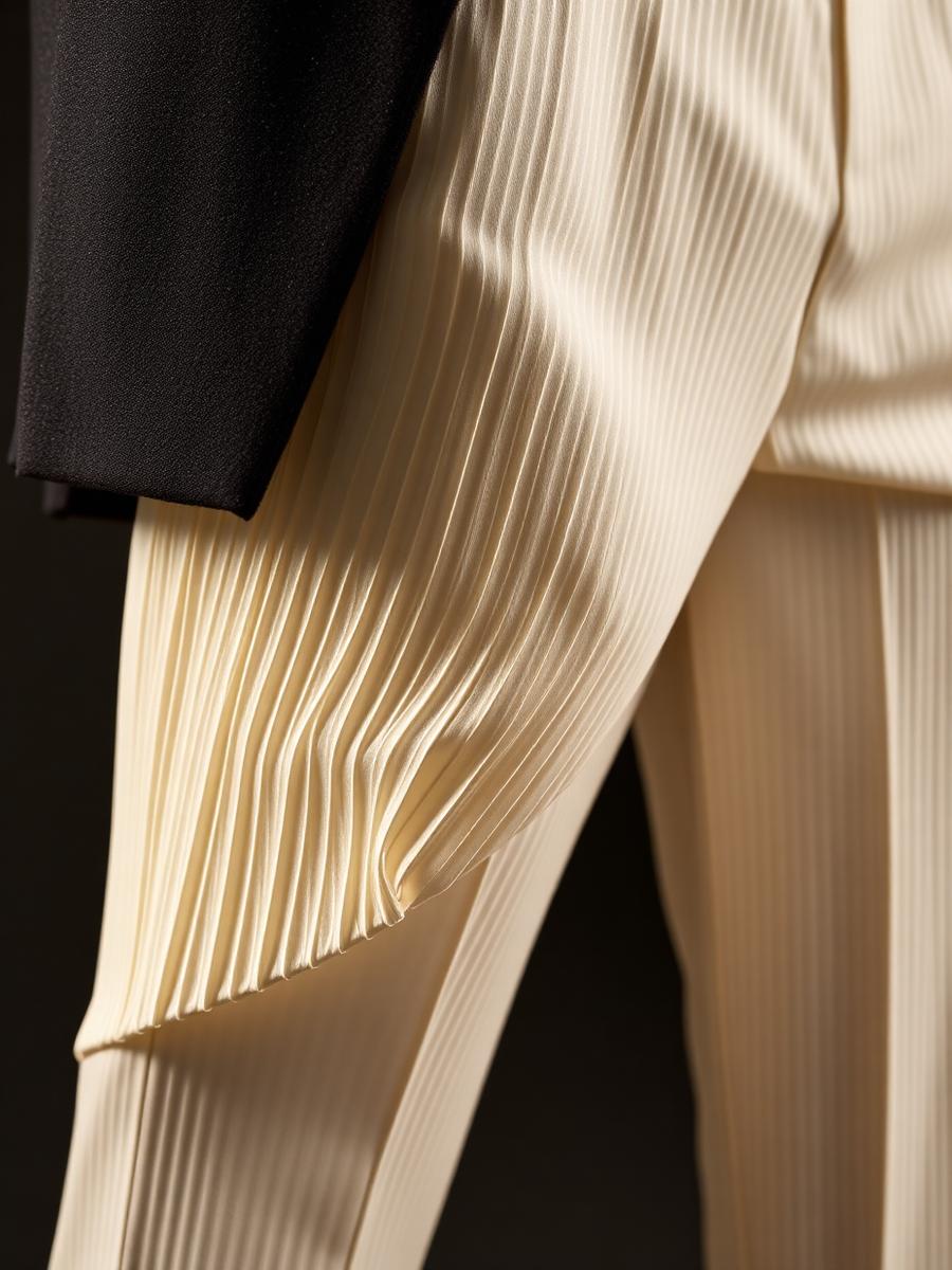 Close-up of the trouser pleats and hem drape