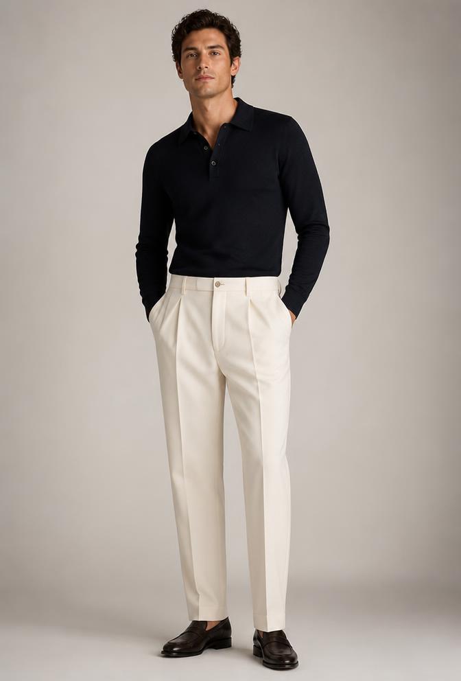 Mens tailored ivory pleated trousers